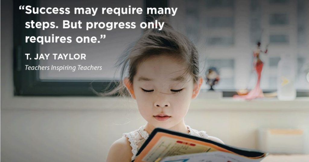 Girl reading a book as the background image for a quote by T. Jay Taylor: "Success may require many steps. But progress only requires one."